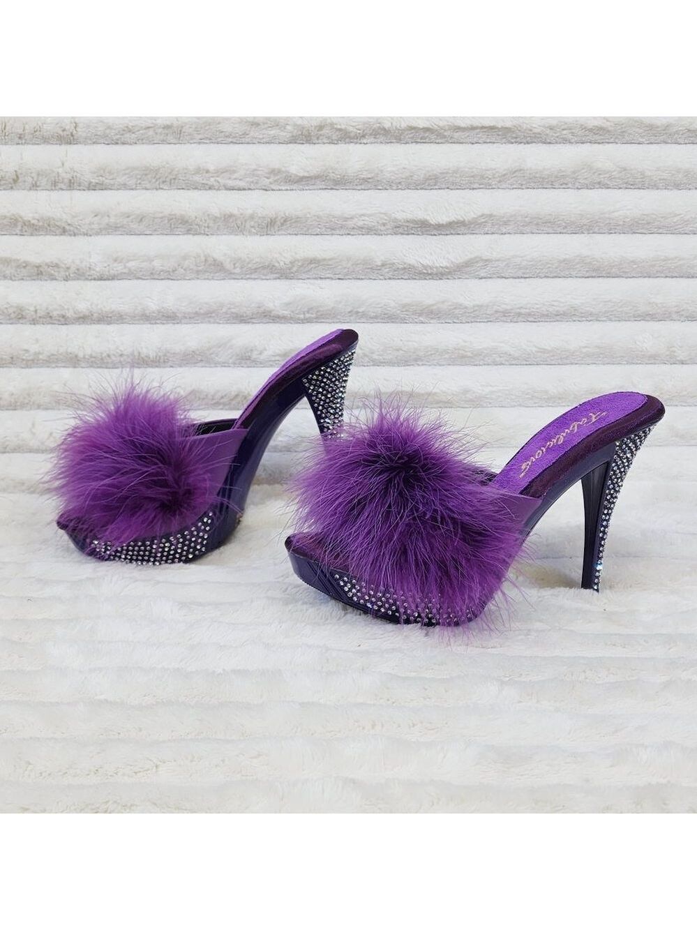 Your Majesty Purple Marabou Feather Rhinestone Platform Slip On Slide…